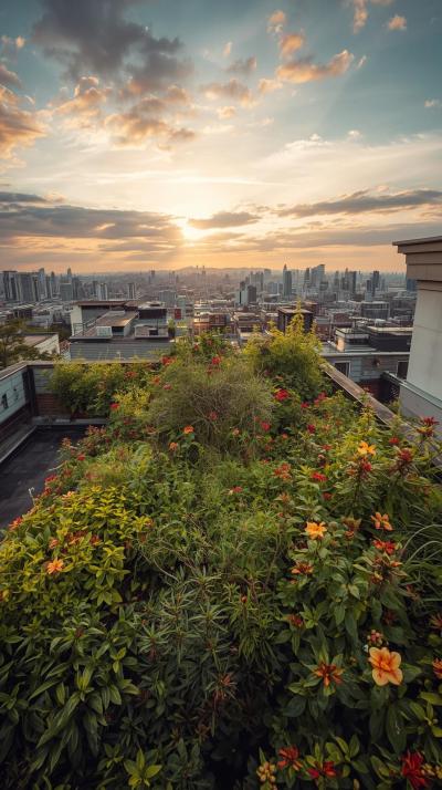 Urban Rooftop Garden Overlooking Buildings