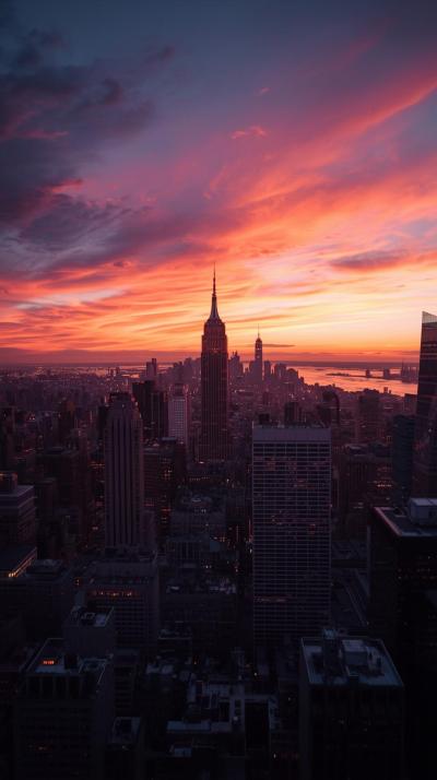 Wide Panoramic City Skyline At Dusk