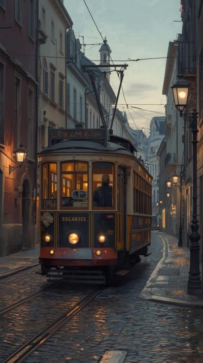 Vintage Streetcar Moving Through Old City
