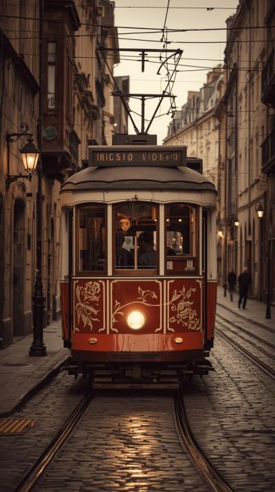 Vintage Streetcar Moving Through Old City
