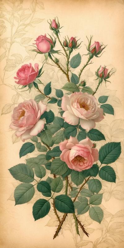Vintage Botanical Illustration Of Roses With Delic