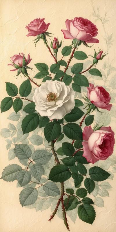 Vintage Botanical Illustration Of Roses With Delic