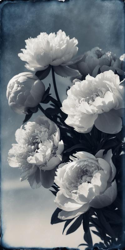 Monochrome Cyanotype Photograph Of Lush Peonies In