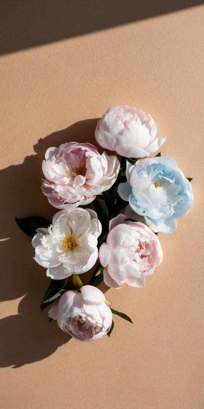 Minimalist Flatlay Of Delicate Pastel Peonies With