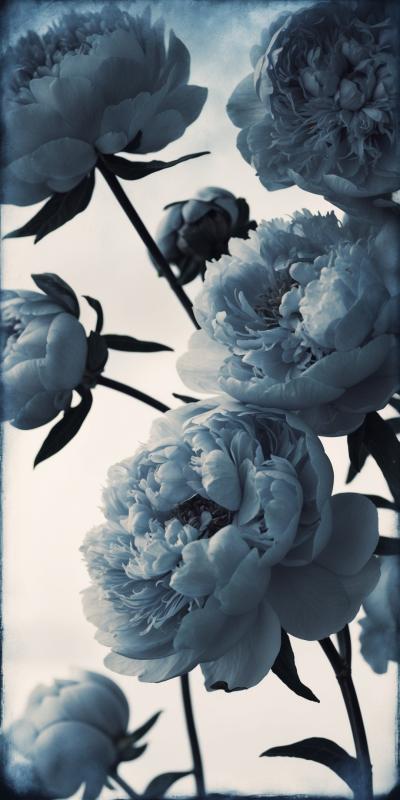 Monochrome Cyanotype Photograph Of Lush Peonies In