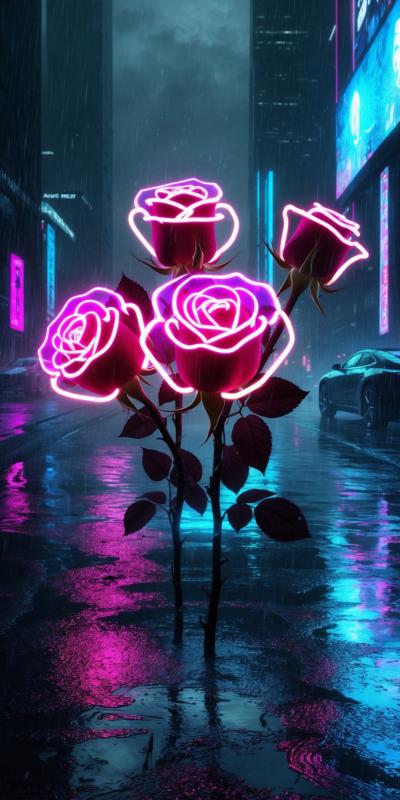 Neon Cyberpunk Roses With Glowing Edges And Delica
