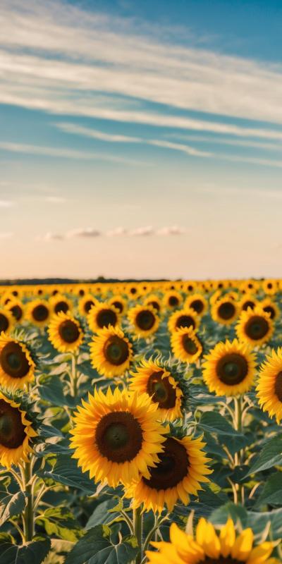 Field Of Vibrant Sunflowers With Large Bright Yell