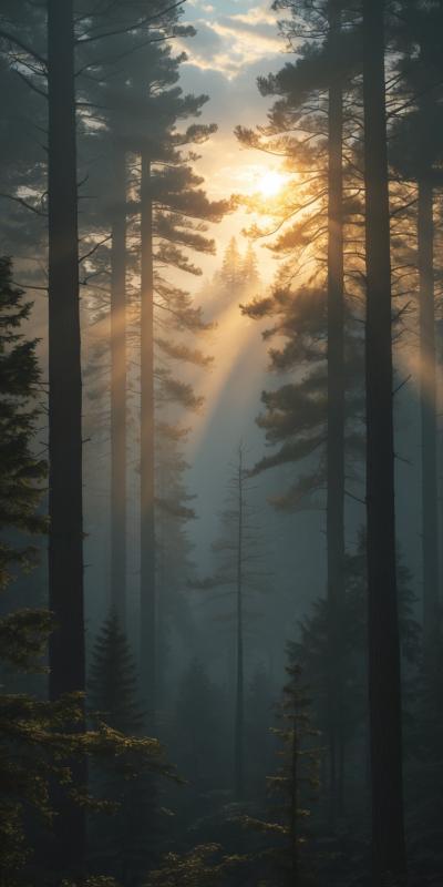 Ultrarealistic Misty Forest At Sunrise Tall Pine T