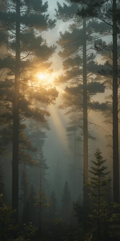 Ultrarealistic Misty Forest At Sunrise Tall Pine T