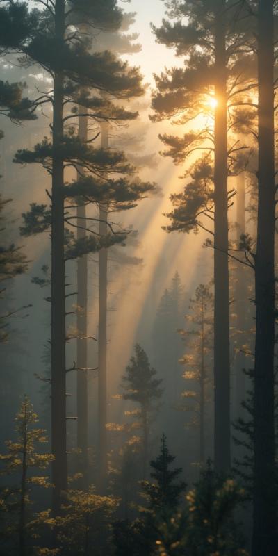 Ultrarealistic Misty Forest At Sunrise Tall Pine T